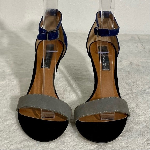 STEVEN Steve Madden Vienna Suede Heels Women's Size 7.5M Peep Toe Navy Blue Gray - Picture 4 of 10
